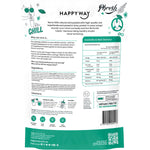 Rear view of a 500g bag of Happy Way Choc Mint Whey Protein Powder showing ingredients and nutritional information.