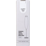 Beige Happy Way Hand Blender product box with a clear window showing the blender and stand inside.