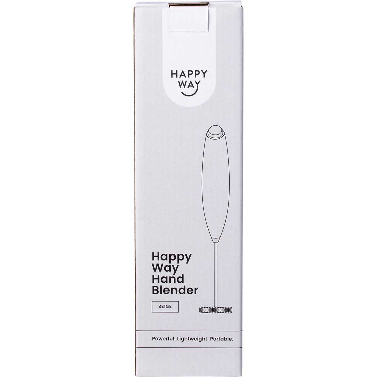 Beige Happy Way Hand Blender product box with a clear window showing the blender and stand inside.
