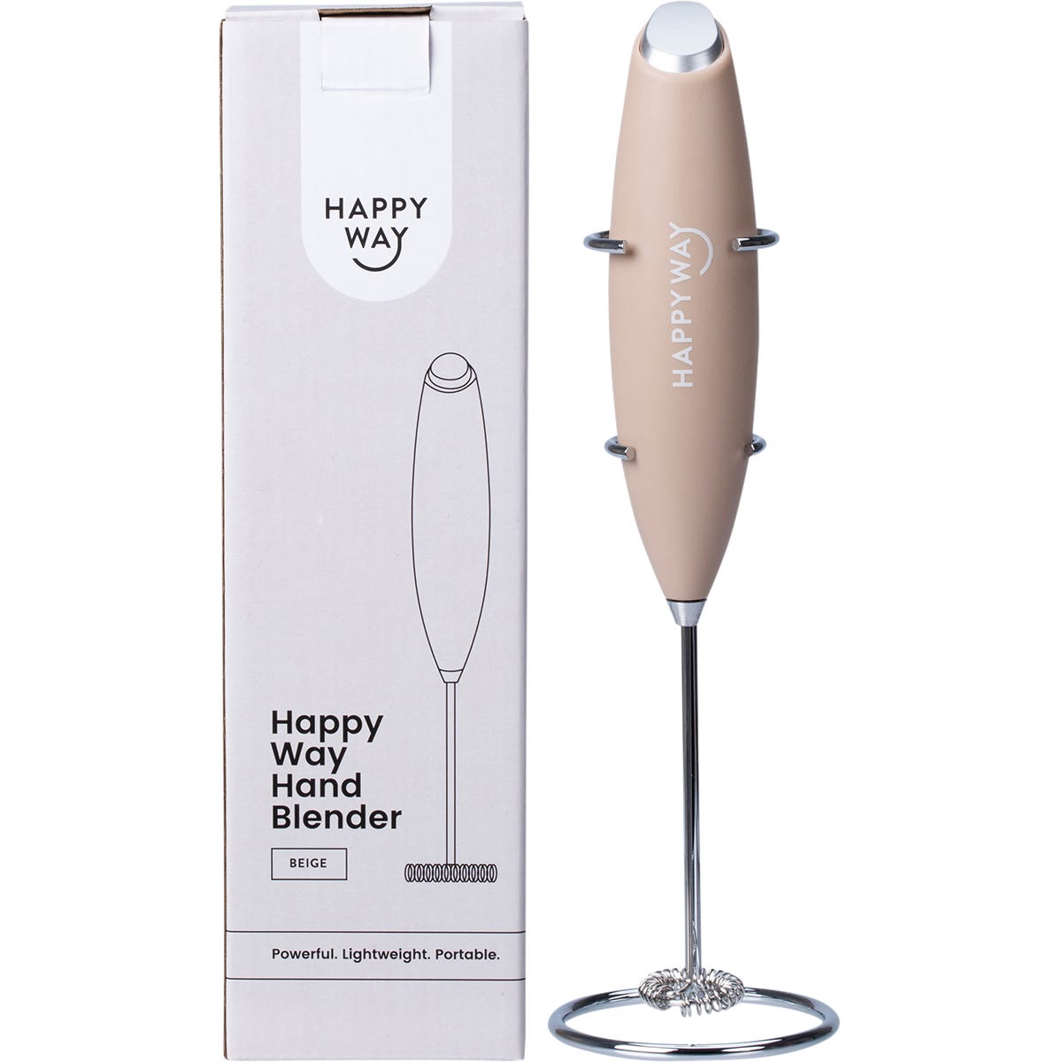 Beige Happy Way hand blender with a stainless steel shaft, matching stand, and product packaging on a white background.