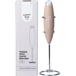 Beige Happy Way hand blender with a stainless steel shaft, matching stand, and product packaging on a white background.