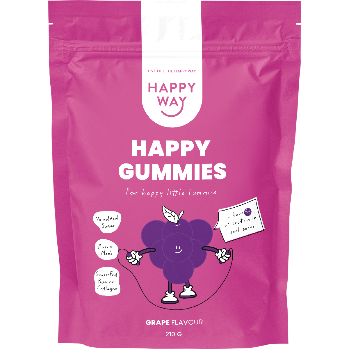210g tub of Happy Way Happy Gummies Grape featuring a purple label and clear jar.