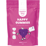 210g tub of Happy Way Happy Gummies Grape featuring a purple label and clear jar.