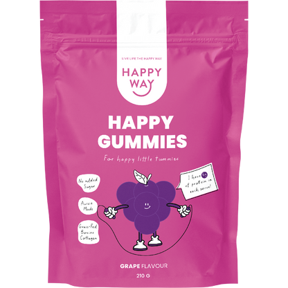 210g tub of Happy Way Happy Gummies Grape featuring a purple label and clear jar.