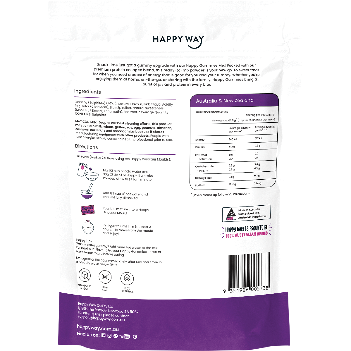 Back of Happy Way Happy Gummies Grape 210g tub showing nutritional information and ingredients on a purple label.