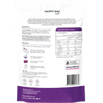 Back of Happy Way Happy Gummies Grape 210g tub showing nutritional information and ingredients on a purple label.