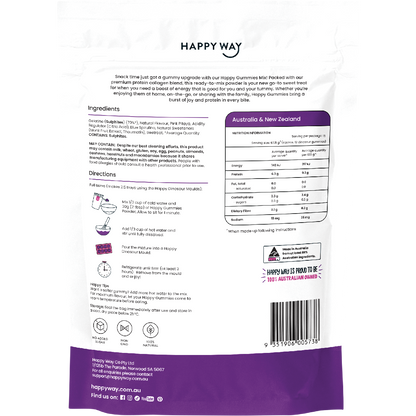 Back of Happy Way Happy Gummies Grape 210g tub showing nutritional information and ingredients on a purple label.