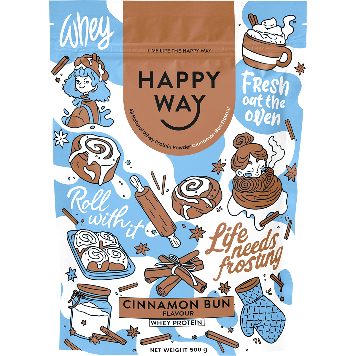 500g tub of Happy Way Cinnamon Bun Whey Protein Powder with a light blue label and illustrations of cinnamon buns.