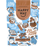 500g tub of Happy Way Cinnamon Bun Whey Protein Powder with a light blue label and illustrations of cinnamon buns.
