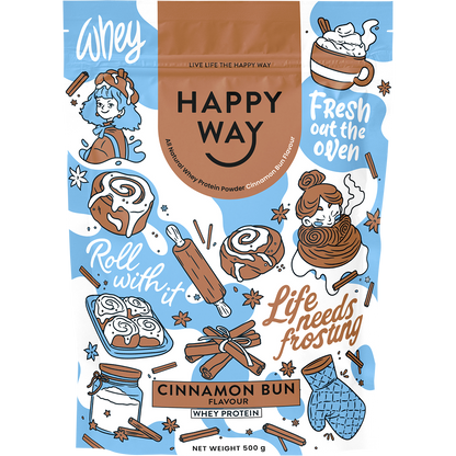 500g tub of Happy Way Cinnamon Bun Whey Protein Powder with a light blue label and illustrations of cinnamon buns.