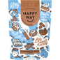 500g tub of Happy Way Cinnamon Bun Whey Protein Powder with a light blue label and illustrations of cinnamon buns.