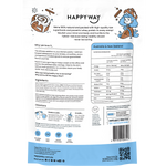 Back of Happy Way Cinnamon Bun Whey Protein tub showing ingredients, nutritional facts, and 9351906006247 barcode.