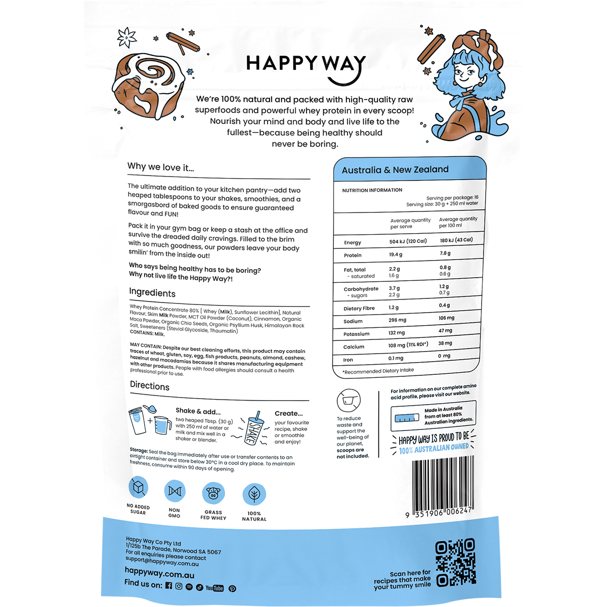 Back of Happy Way Cinnamon Bun Whey Protein tub showing ingredients, nutritional facts, and 9351906006247 barcode.
