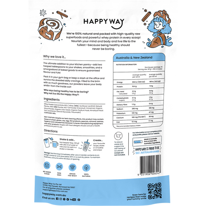 Back of Happy Way Cinnamon Bun Whey Protein tub showing ingredients, nutritional facts, and 9351906006247 barcode.