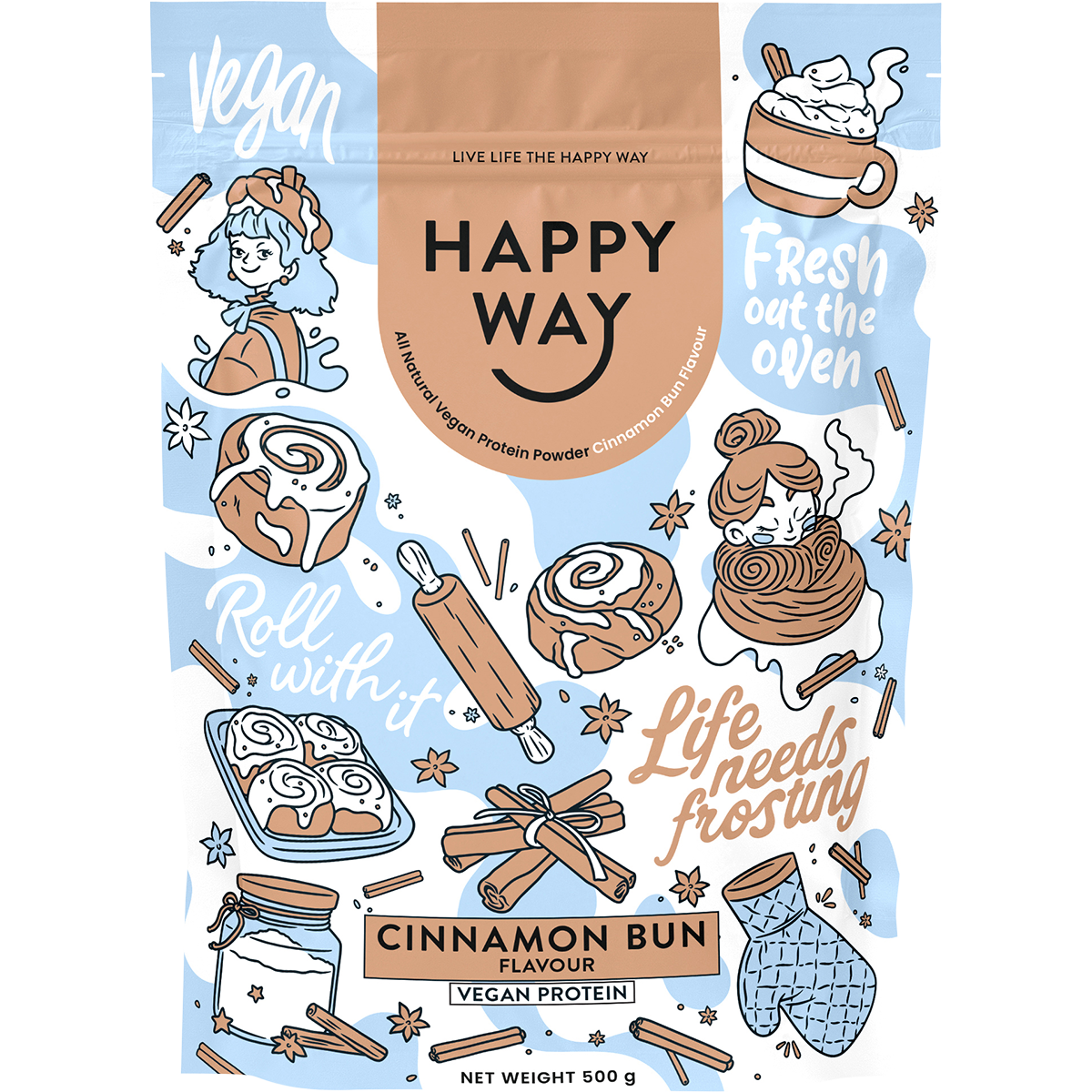 500g pouch of Happy Way Cinnamon Bun Vegan Protein Powder with a light blue label and illustrations of cinnamon buns.