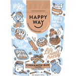500g pouch of Happy Way Cinnamon Bun Vegan Protein Powder with a light blue label and illustrations of cinnamon buns.
