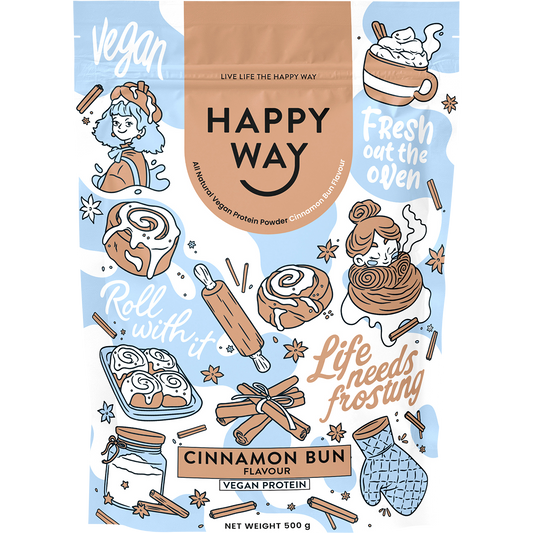 500g pouch of Happy Way Cinnamon Bun Vegan Protein Powder with a light blue label and illustrations of cinnamon buns.