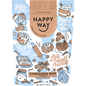 500g pouch of Happy Way Cinnamon Bun Vegan Protein Powder with a light blue label and illustrations of cinnamon buns.