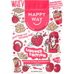 500g pouch of Happy Way White Choc Raspberry Whey Protein Powder with illustrations of berries and white chocolate.
