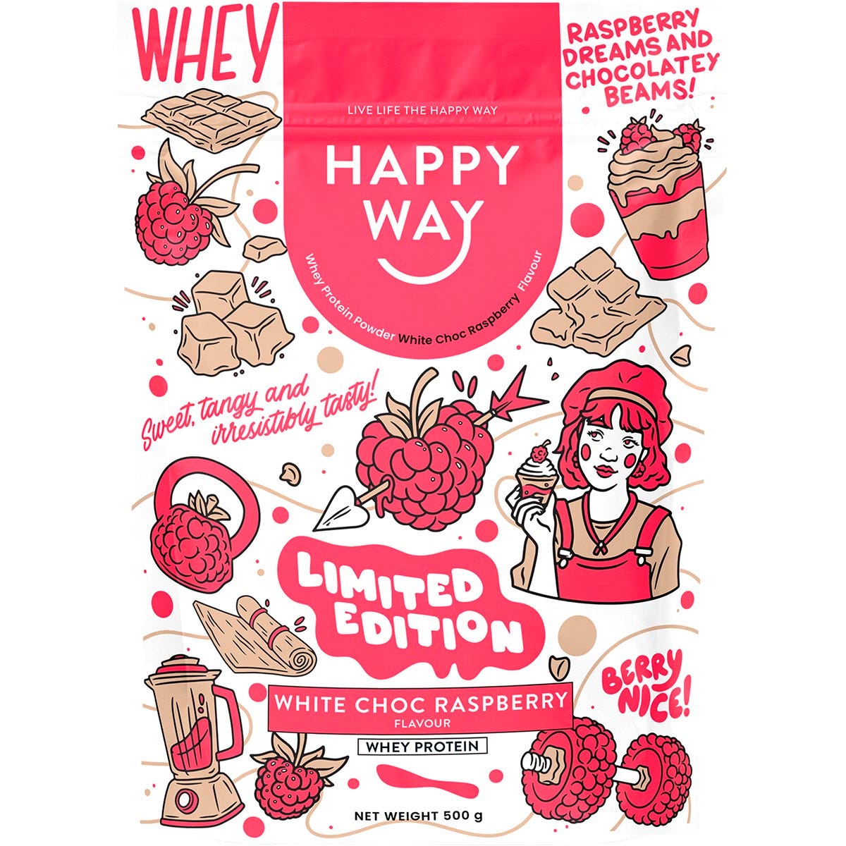 500g pouch of Happy Way White Choc Raspberry Whey Protein Powder with illustrations of berries and white chocolate.