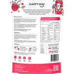 Back of Happy Way White Choc Raspberry Whey Protein pouch with nutritional info and ingredients on a white background.