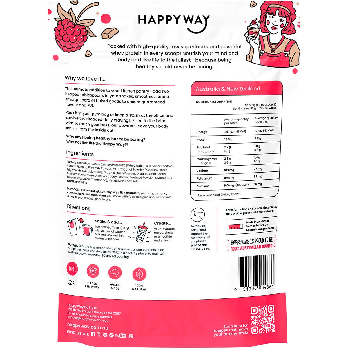 Back of Happy Way White Choc Raspberry Whey Protein pouch with nutritional info and ingredients on a white background.