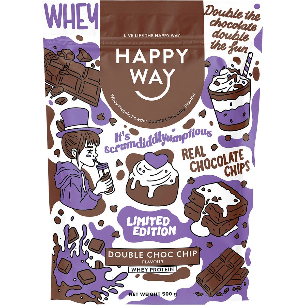 500g bag of Happy Way Double Choc Chip Whey Protein Powder featuring a purple label with chocolate illustrations.
