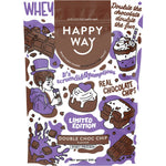 500g bag of Happy Way Double Choc Chip Whey Protein Powder featuring a purple label with chocolate illustrations.