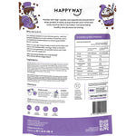 Rear view of a 500g bag of Happy Way Double Choc Chip Whey Protein Powder showing ingredients and nutritional information.