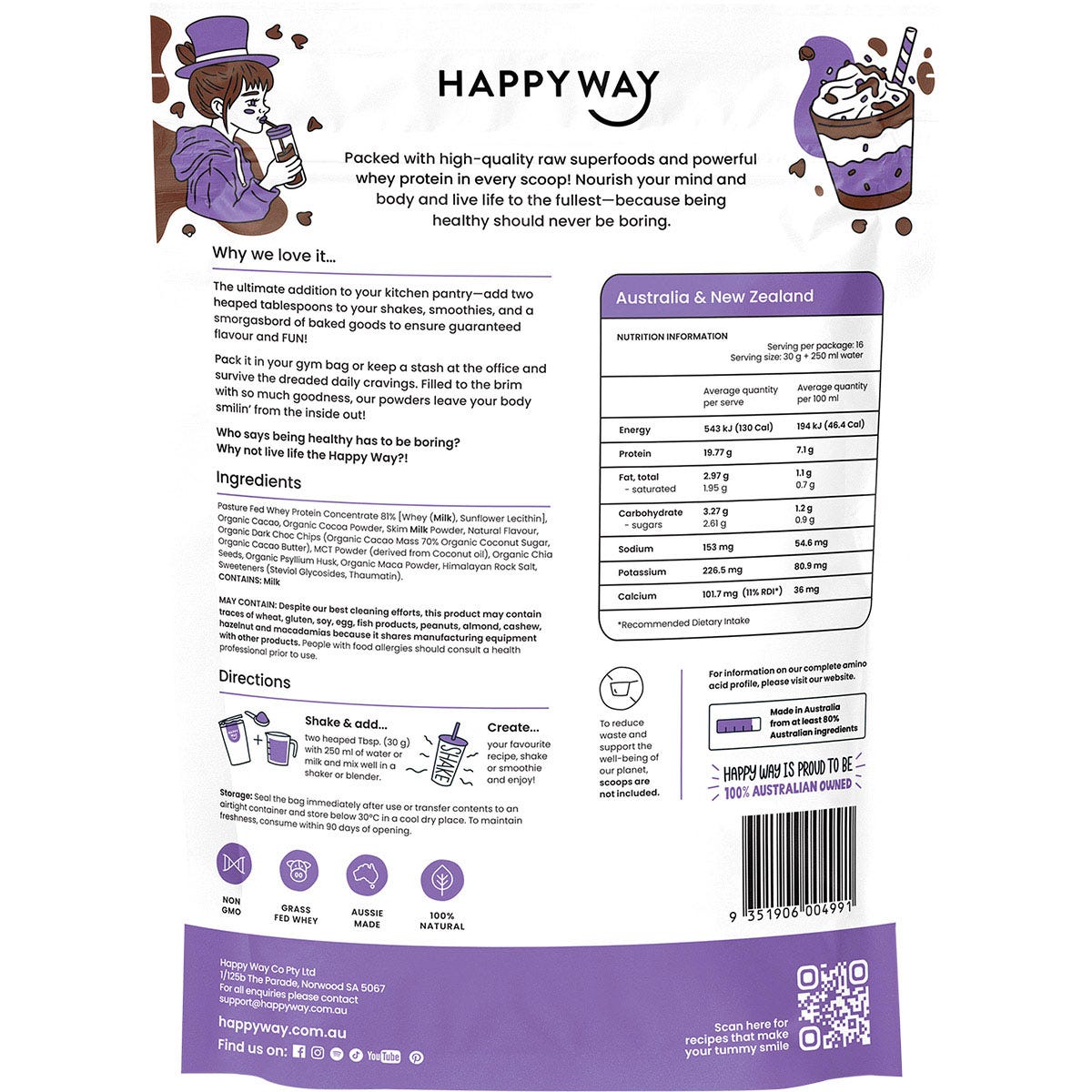Rear view of a 500g bag of Happy Way Double Choc Chip Whey Protein Powder showing ingredients and nutritional information.