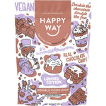 500g bag of Happy Way Double Choc Chip Vegan Protein Powder featuring a chocolate splash and floating choc chips.
