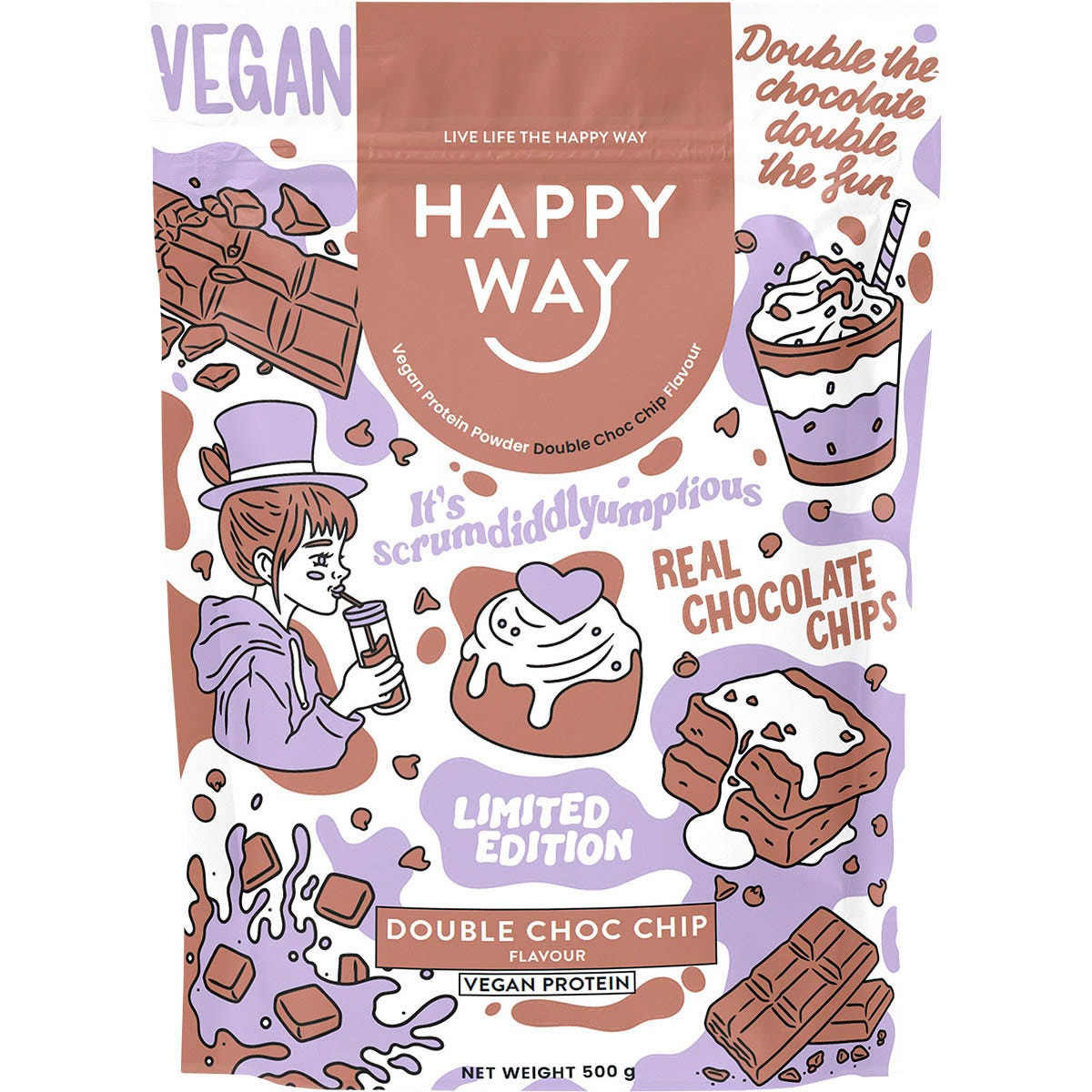 500g bag of Happy Way Double Choc Chip Vegan Protein Powder featuring a chocolate splash and floating choc chips.