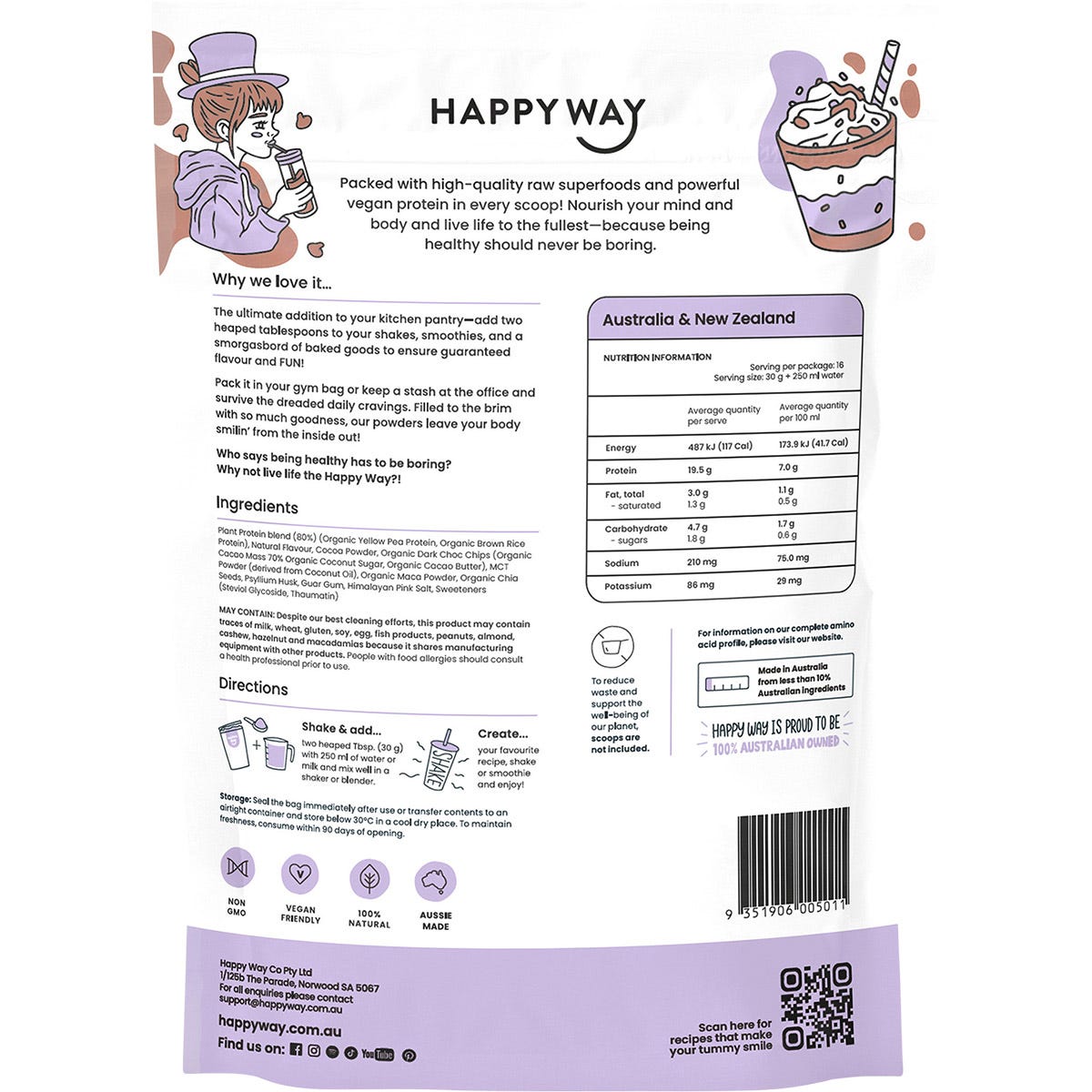 Happy Way Vegan Protein Powder Double Choc Chip 500g