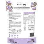 Back of Happy Way Double Choc Chip Vegan Protein Powder 500g bag with nutrition facts and ingredients.