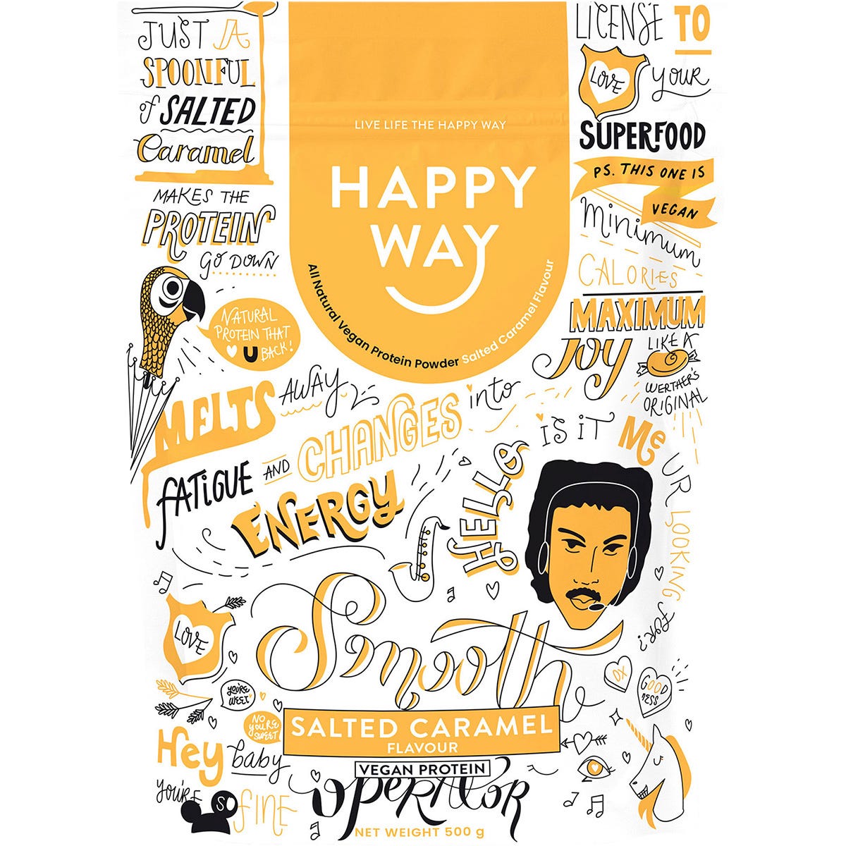 500g bag of Happy Way Salted Caramel Vegan Protein Powder featuring a smooth operator character illustration.