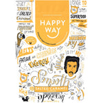 500g bag of Happy Way Salted Caramel Vegan Protein Powder featuring a smooth operator character illustration.