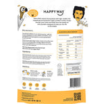 The back of a 500g bag of Happy Way Salted Caramel Vegan Protein Powder showing nutritional info and ingredients.