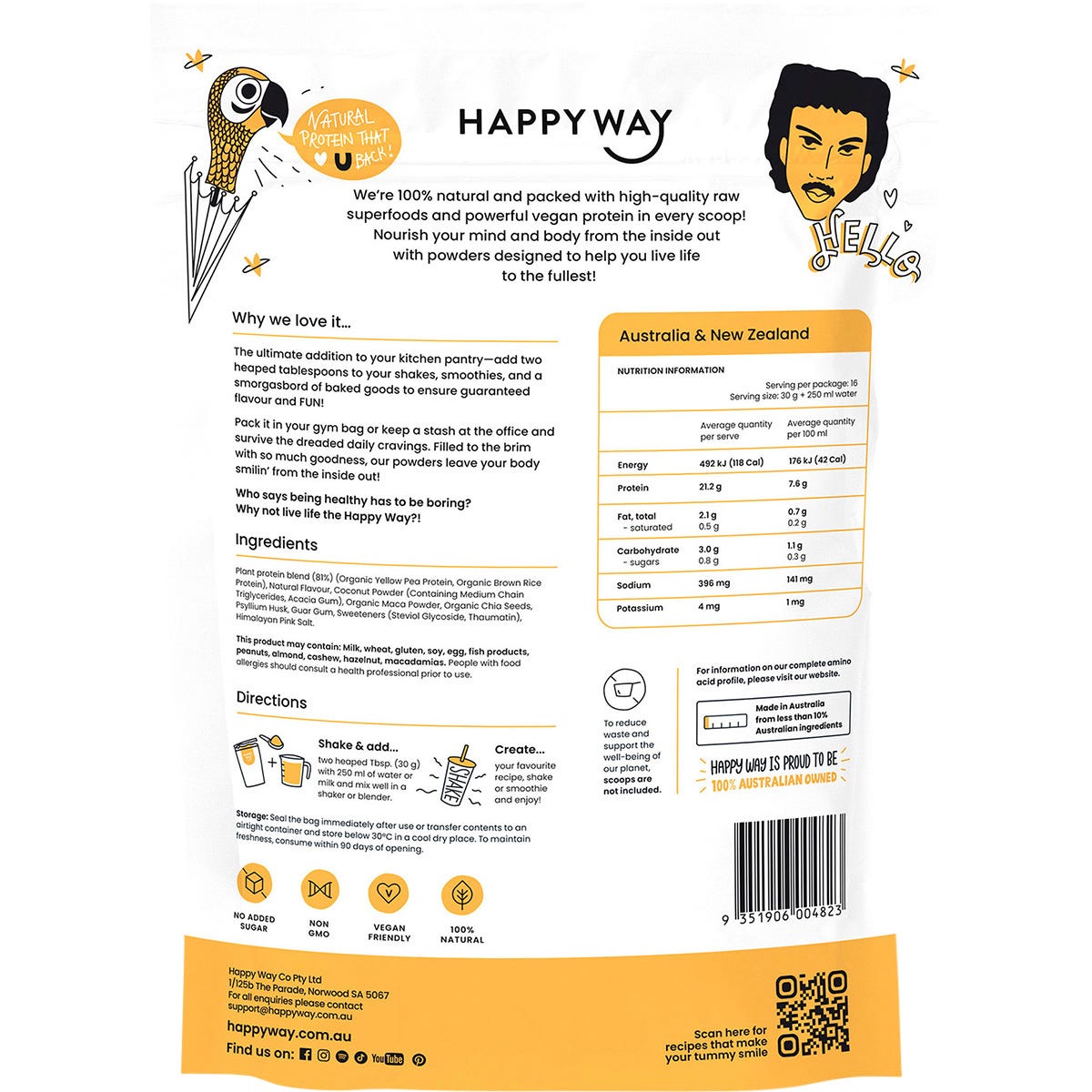 The back of a 500g bag of Happy Way Salted Caramel Vegan Protein Powder showing nutritional info and ingredients.
