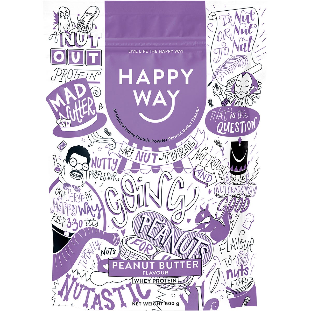 500g tub of Happy Way Peanut Butter Whey Protein Powder featuring a light brown label with a peanut illustration.