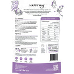 Back of Happy Way Peanut Butter Whey Protein 500g tub showing ingredients, nutritional panel, and usage instructions.