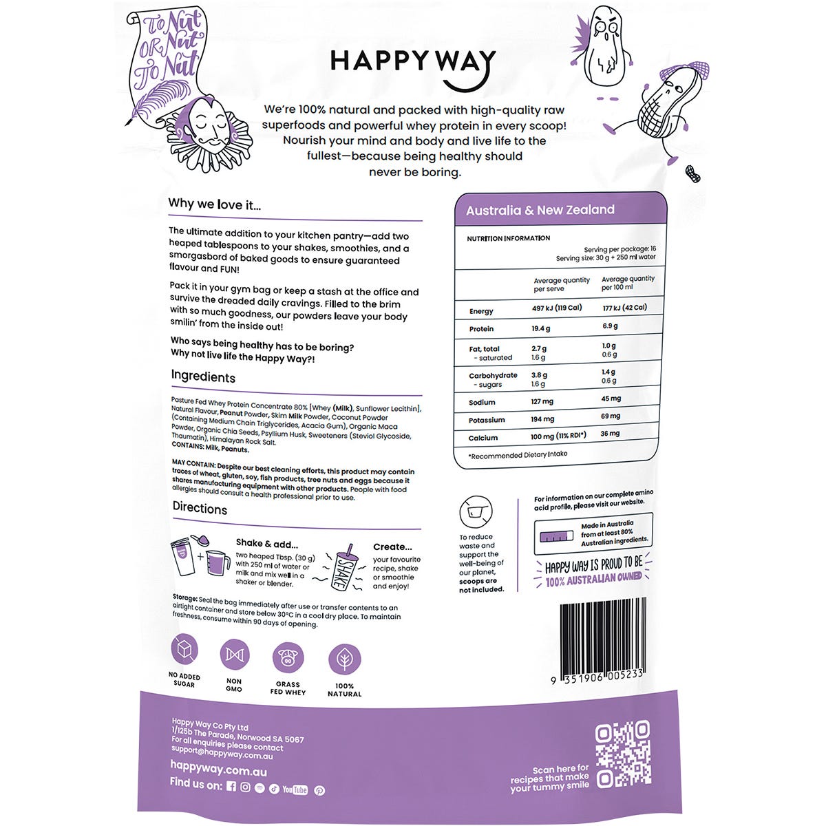 Back of Happy Way Peanut Butter Whey Protein 500g tub showing ingredients, nutritional panel, and usage instructions.