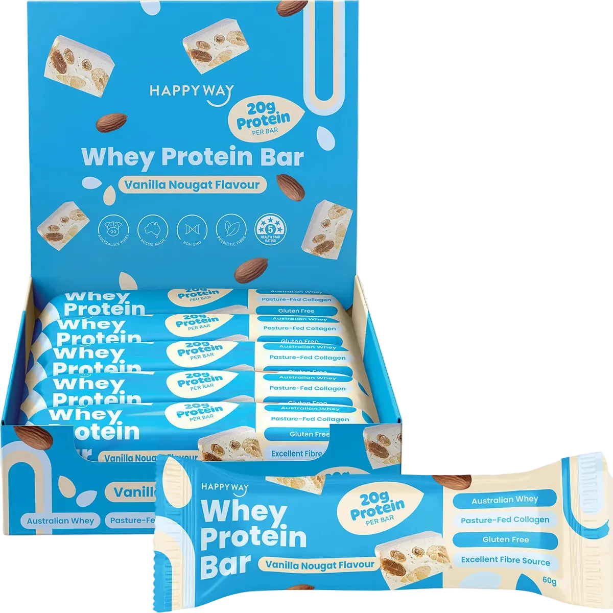 A Happy Way Whey Protein Bar display box filled with individually wrapped bars, shown on a light beige background. The packaging is bright blue with white text and graphics, featuring vanilla nougat flavor and 20g protein per bar.