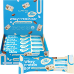 A Happy Way Whey Protein Bar display box filled with individually wrapped bars, shown on a light beige background. The packaging is bright blue with white text and graphics, featuring vanilla nougat flavor and 20g protein per bar.