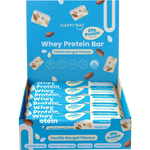 A blue open display box of Happy Way Whey Protein Bars, Vanilla Nougat Flavour, with multiple individually wrapped bars visible inside. The packaging features white and light blue text and graphics with almond illustrations.