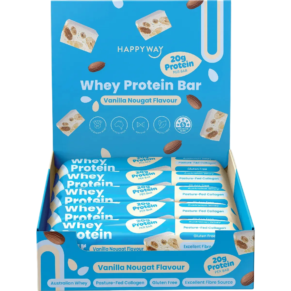 A blue open display box of Happy Way Whey Protein Bars, Vanilla Nougat Flavour, with multiple individually wrapped bars visible inside. The packaging features white and light blue text and graphics with almond illustrations.