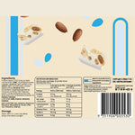 Back of a protein bar package showing nutrition facts, ingredients list, barcode, and product imagery of a protein cookie bar with almonds on a white background with blue accents.