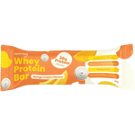 A single Happy Way Whey Protein Bar in Mango Cream Flavour, wrapped in bright orange packaging with white and yellow accents, shown against a solid light beige background.