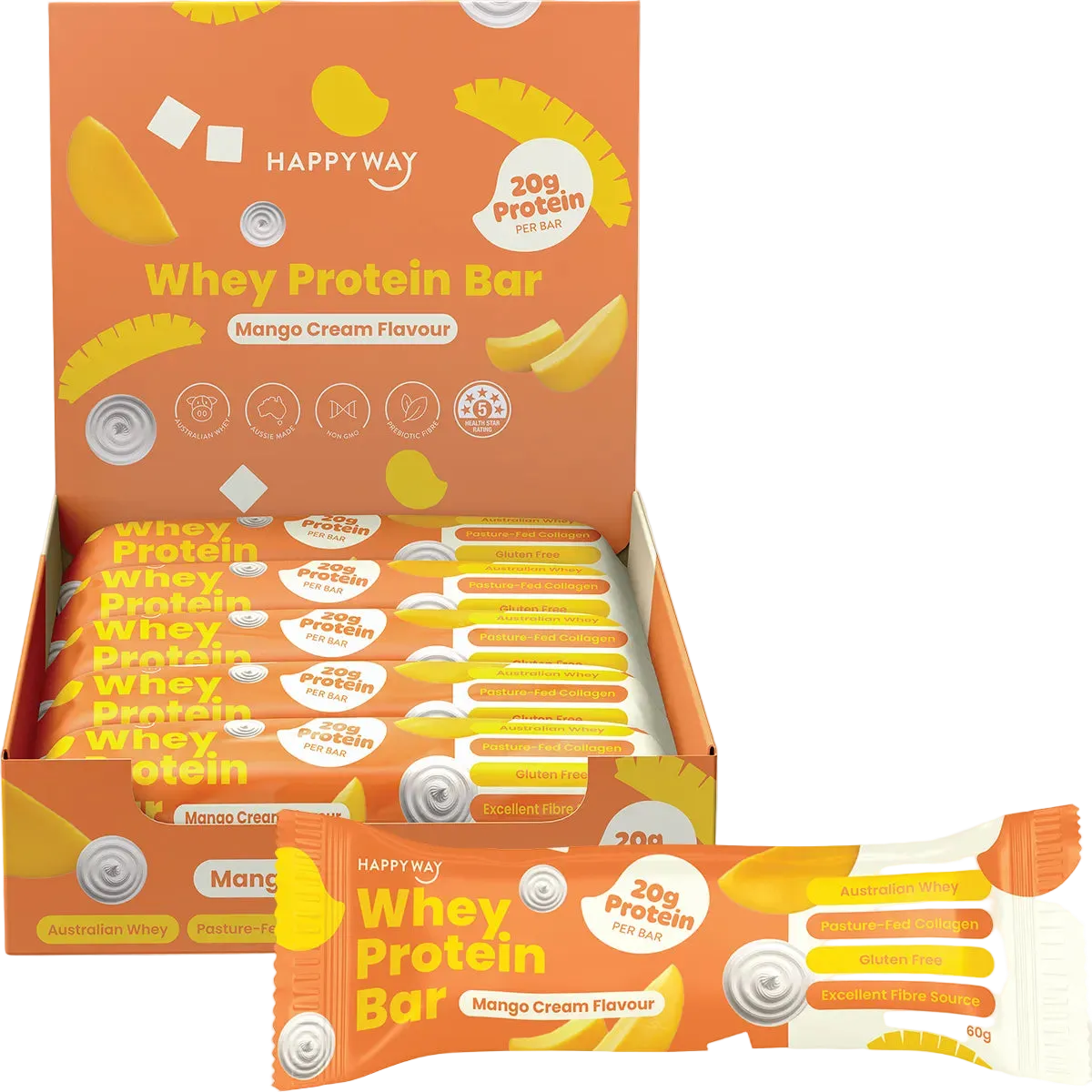 A box of Happy Way Whey Protein Bars in Mango Cream Flavour, with one bar displayed in front. The packaging is bright orange and yellow with illustrations of mango slices.