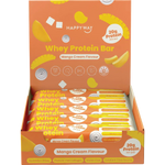 A display box of Happy Way Whey Protein Bars in Mango Cream Flavour, showing multiple individually wrapped bars inside an orange and yellow retail box.