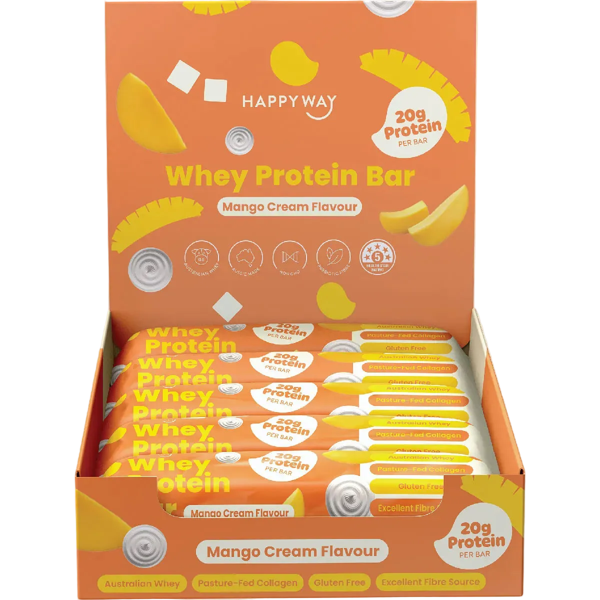 A display box of Happy Way Whey Protein Bars in Mango Cream Flavour, showing multiple individually wrapped bars inside an orange and yellow retail box.